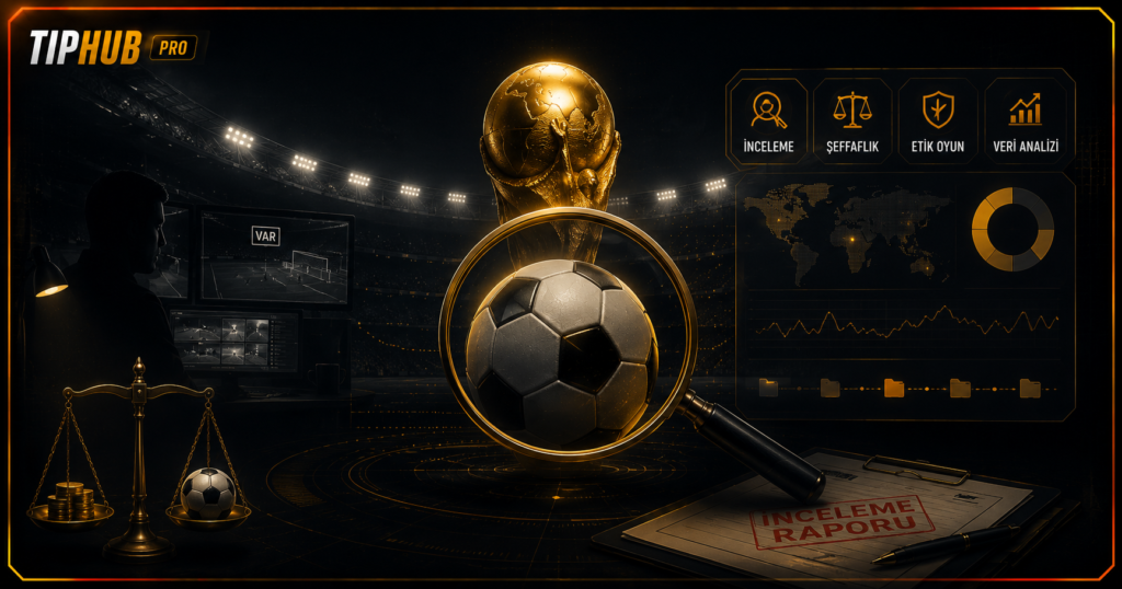 TipHub Pro temalı premium koyu renkli editoryal görselde, Dünya Kupası kupası ve futbol topu büyüteç altında incelenirken arka planda stadyum, VAR benzeri analiz ekranları, veri panelleri ve denetim temalı grafikler yer alıyor. Altın ve turuncu detaylar gizem ve analiz atmosferini öne çıkarıyor.