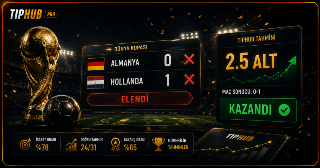 TipHub Pro temalı premium koyu renkli Dünya Kupası analiz görselinde, altın renkli Dünya Kupası kupası ve futbol topu ön planda yer alırken, ortada Almanya ve Hollanda'nın elendiğini gösteren skor panosu bulunuyor. Sağ tarafta "2.5 ALT" tahmini ve yeşil "Kazandı" etiketi öne çıkarken, alt bölümde toplam tahmin, kazanılan tahmin, isabet oranı ve kombine istatistikleri yer alıyor.