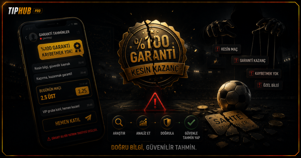TipHub Pro temalı premium koyu renkli editoryal görselde, sahte garanti bahis vaatlerini simgeleyen çatlamış altın bir garanti rozeti, anonim mesajlaşma ekranı, uyarı simgesi ve futbol topu yer alıyor. Koyu arka plan üzerindeki altın ve kırmızı vurgu renkleri, güvenilir analiz ile yanıltıcı tahminler arasındaki farkı sembolik olarak vurguluyor.