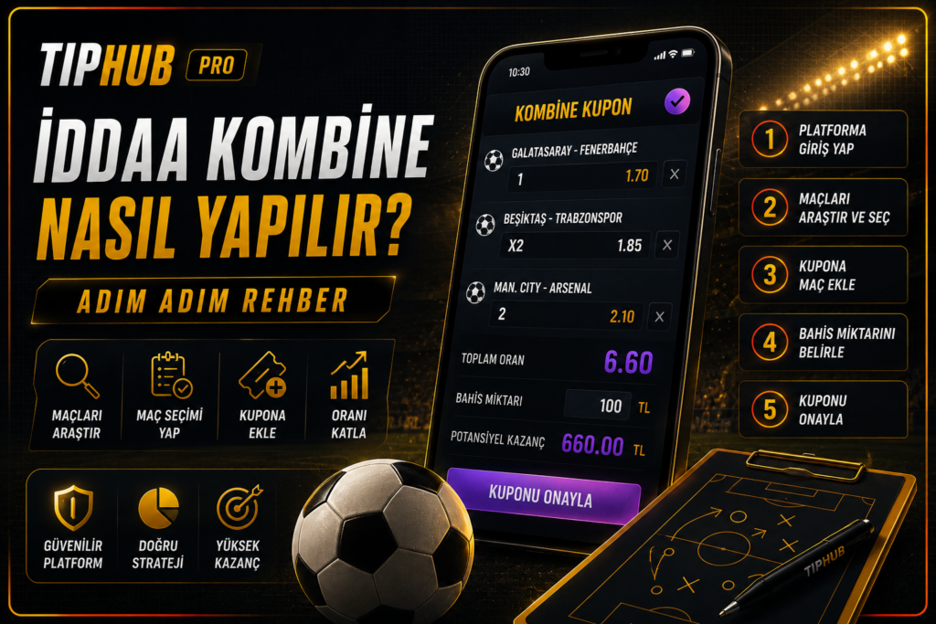 TipHub Pro temalı premium koyu renkli infografikte, “İddaa Kombine Nasıl Yapılır?” başlığı altında akıllı telefon üzerinde örnek bir kombine kuponu, adım adım bahis oluşturma süreci, analiz ikonları ve futbol topu yer alıyor. Altın ve turuncu vurgu renkleriyle hazırlanan tasarım, kombine bahis rehberini modern ve profesyonel bir görünümle sunuyor.