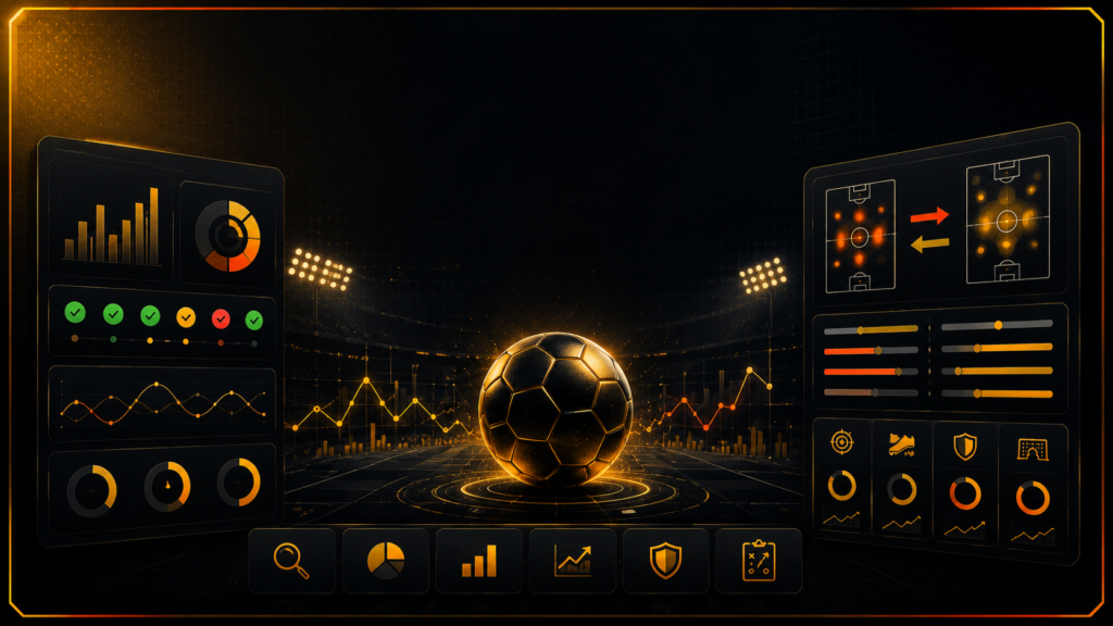 pHub Pro'nun premium koyu tema tasarımında, merkezde altın ışıkla aydınlatılmış bir futbol topu; iki yanda performans panelleri, grafikler, form göstergeleri, taktik saha diyagramları ve analiz kartları bulunan modern spor analitiği arayüzü yer alıyor.