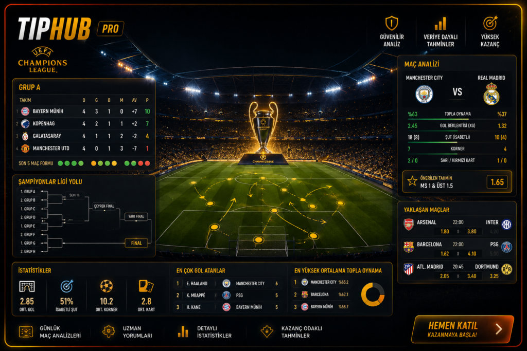 TipHub Pro temalı premium koyu renkli UEFA Şampiyonlar Ligi analiz görselinde, gece ışıkları altındaki dolu bir stadyum, ortada parlayan kupa, grup puan durumu, eleme ağacı, maç analiz istatistikleri, taktik diziliş şeması ve yaklaşan maçlar paneli yer alıyor.