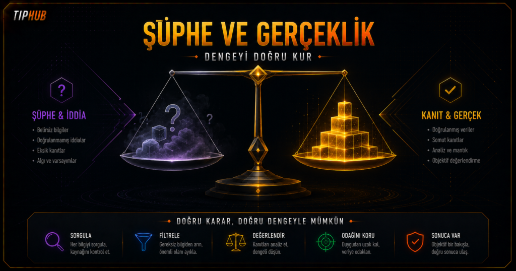 Şüphe ile gerçeklik arasındaki hassas dengeyi simgeleyen soyut editoryal kapak görseli. Koyu arka plan üzerinde merkezde dengede duran geometrik bir terazi bulunuyor; bir kefede sisli ve belirsiz soyut formlar, diğer kefede altın tonlarında düzenli geometrik yapılar yer alıyor. İnce grid dokusu, altın-turuncu vurgu çizgileri ve premium veri estetiğiyle temkinli ve analitik bir yaklaşım vurgulanıyor.