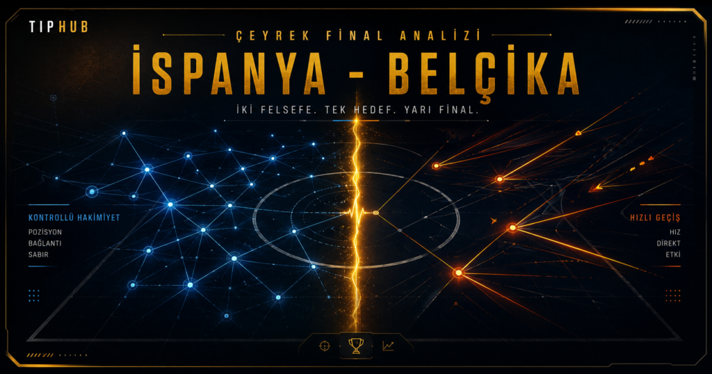 Çeyrek final İspanya - Belçika analizi için hazırlanan soyut editoryal kapak görseli. Kontrollü pas oyunu ile hızlı geçiş futbolunu temsil eden mavi ağ yapısı ve turuncu keskin çizgiler, ortadaki altın gerilim hattında karşı karşıya geliyor.