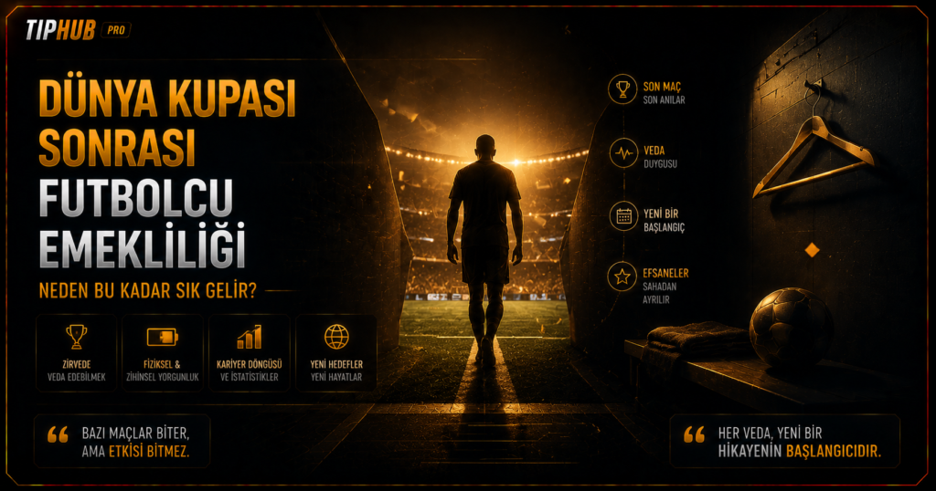 TipHub Pro temalı kapak görselinde, futbol sahasına açılan bir tünelden uzaklaşarak yürüyen tek bir futbolcu silueti yer alıyor. Sahnenin arkasında sıcak altın ışık huzmesi ve stadyum ışıkları bulunurken, sağ tarafta boş bir forma askısı ve soyut spor objeleri nostaljik bir emeklilik temasını vurguluyor. Koyu siyah ve altın tonlar, duygusal ve sinematik bir veda atmosferi oluşturuyor.