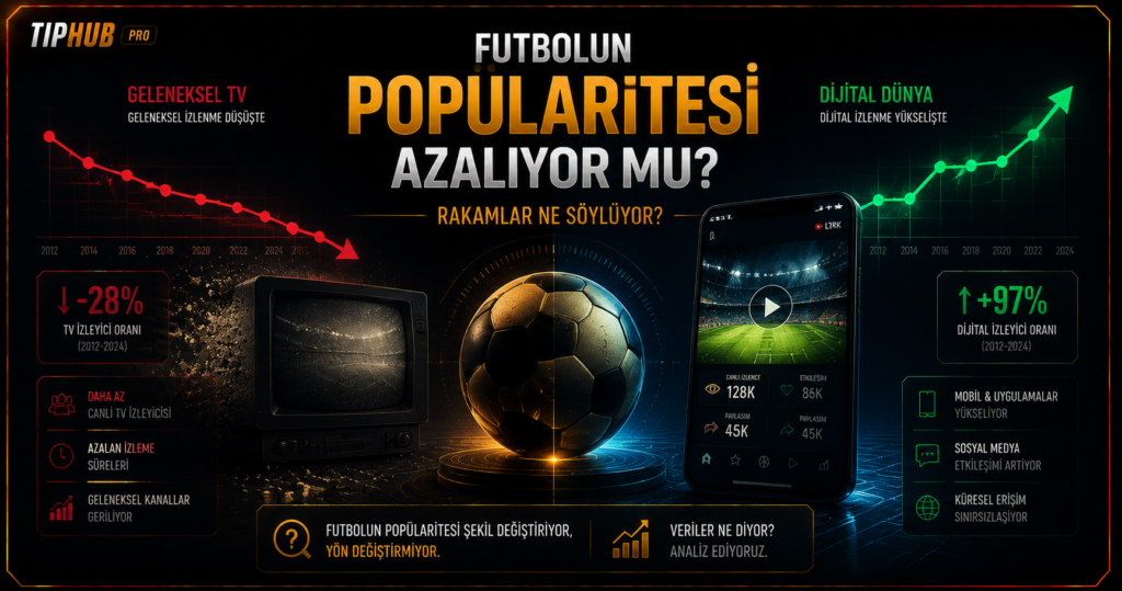 TipHub Pro temalı yüksek kontrastlı editoryal infografikte, ortada altın ışıkla vurgulanan futbol topu yer alıyor. Sol tarafta kırmızı aşağı yönlü grafik ve eski televizyon ekranı geleneksel yayıncılıktaki düşüşü gösterirken, sağ tarafta yeşil yukarı yönlü grafik ve mobil ekran dijital izlenme artışını temsil ediyor. Kompozisyon futbolun dijital dönüşümünü karşılaştırmalı veri görselleştirmesiyle anlatıyor.