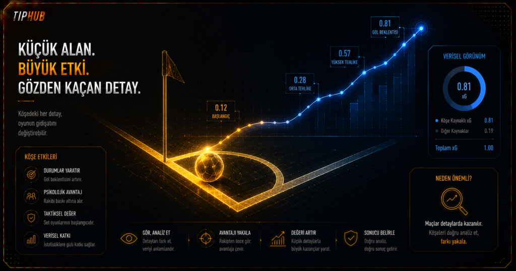 Soyut futbol sahasının köşe çizgisi ve korner yayı üzerinde parlayan geometrik bir top ile başlayan, yukarı doğru veri grafiğine dönüşen ışıklı bir yörüngeyi gösteren Premium Dark Gold temalı editoryal kapak görseli.