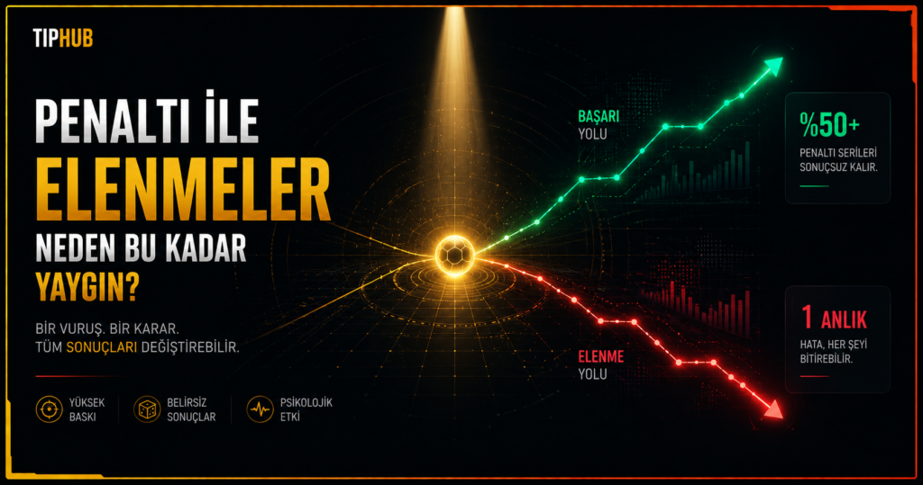 Penaltı serilerindeki kazanma ve elenme olasılıklarını simgeleyen soyut, premium editoryal illüstrasyon.