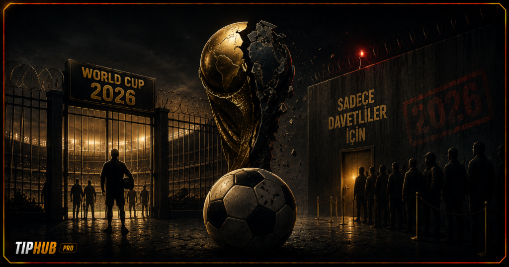 TipHub Pro temalı premium koyu renkli editoryal görselde, ön planda futbol topu ve çatlamış Dünya Kupası kupası yer alırken, arka planda güvenlik bariyerleri, stadyum girişi ve bekleyen siluetler görülüyor. Altın ve siyah tonların hâkim olduğu tasarım, 2026 Dünya Kupası etrafındaki tartışmaları sembolik bir anlatımla yansıtıyor.