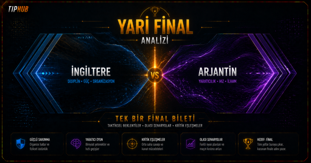 Yarı final analizi kapak görseli — İngiltere ve Arjantin eşleşmesini temsil eden, iki soyut güç alanının altın bir çizgide buluştuğu premium futbol analiz tasarımı