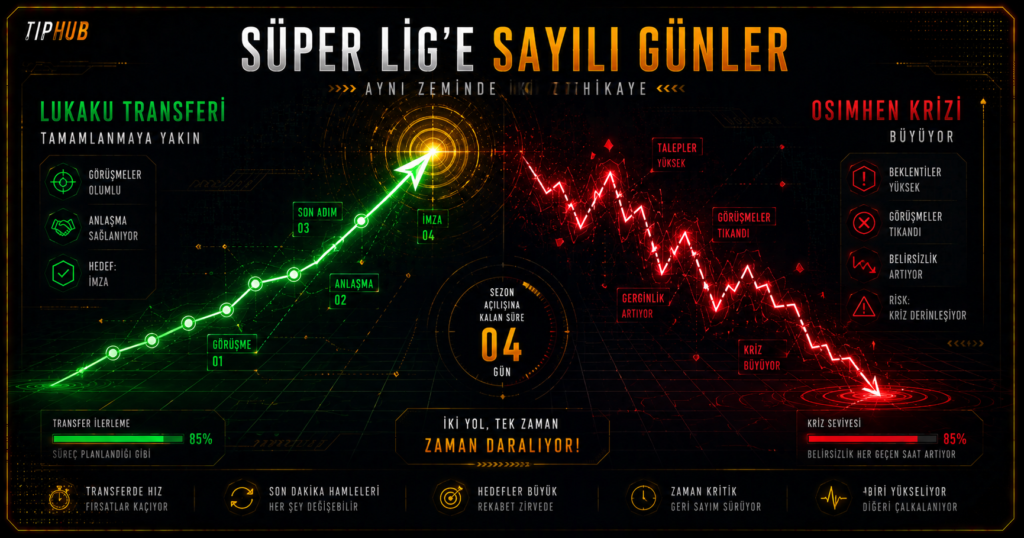 Alt metin: Süper Lig transfer gündeminde Lukaku transferi ilerlerken Osimhen krizi büyüyor; yeşil ve kırmızı çizgiler iki zıt transfer sürecini ve daralan zamanı gösteriyor.