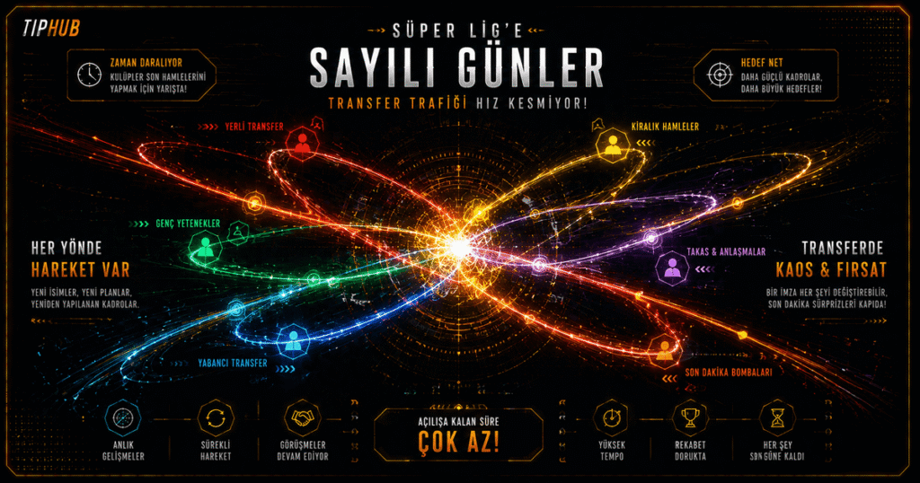 Süper Lig transfer trafiğini gösteren karanlık ve teknolojik editoryal kapak; merkezde farklı yönlere uzanan kırmızı, turuncu, sarı, yeşil, mavi ve mor ışık yörüngeleri birleşiyor, transfer hareketliliği ve sezon öncesi yoğunluğu sembolize ediyor.