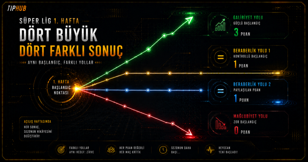 Süper Lig 1. hafta dört büyük kulübün farklı sonuçları; galibiyet, beraberlik ve mağlubiyet yollarını gösteren TipHub analiz görseli